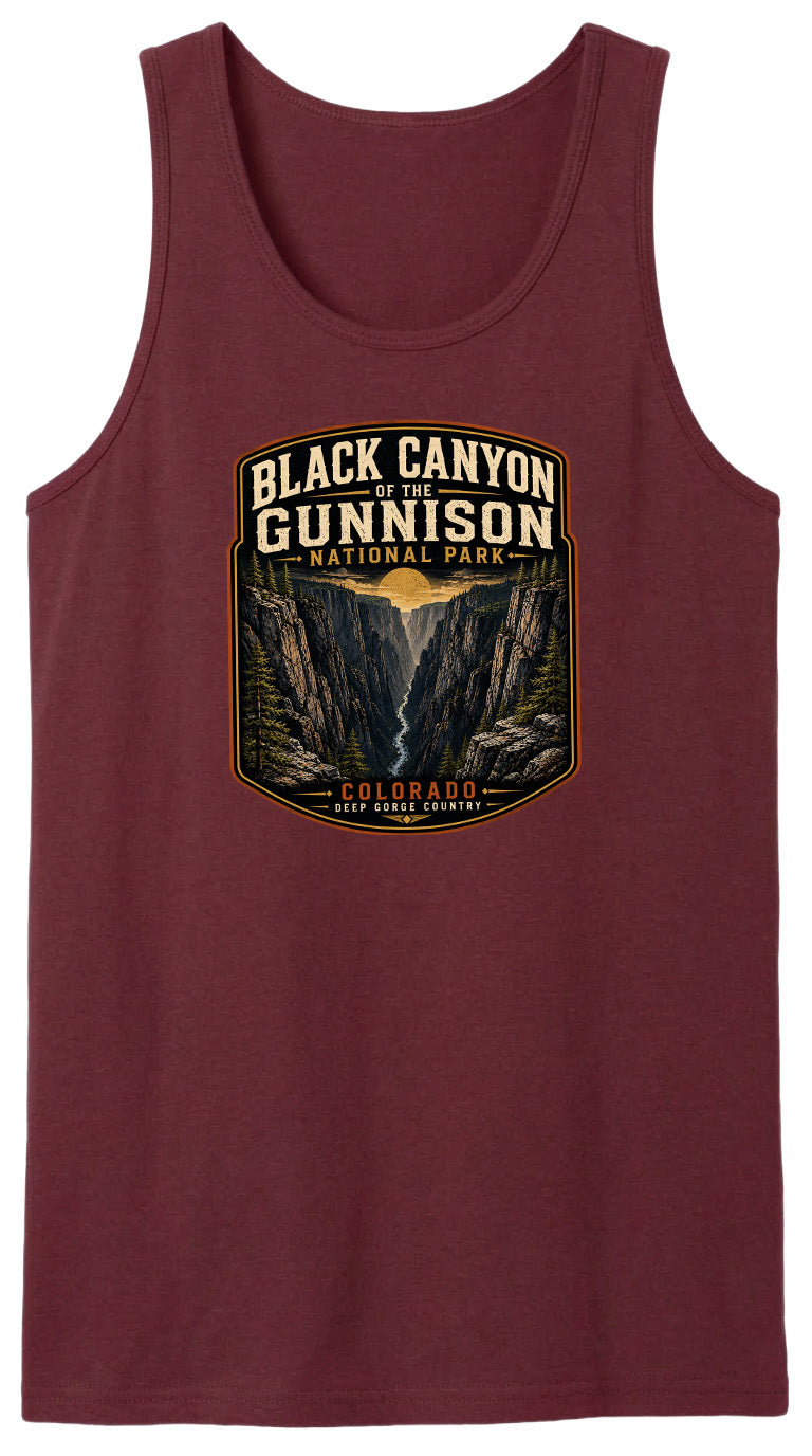 A red tank top with a graphic design depicting the Black Canyon of the Gunnison National Park in Colorado.
