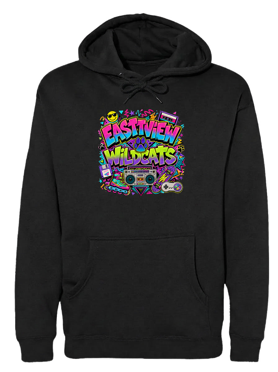 A black hoodie with a colorful graphic design featuring a boombox, a cassette tape, and various other retro-style icons.
