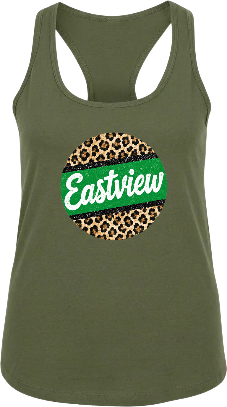 A green tank top with a leopard print design and the word "Eastview" printed on it.