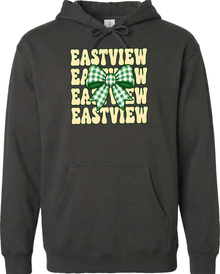 A black hoodie with a graphic design featuring a green and white checkered bow on the front.