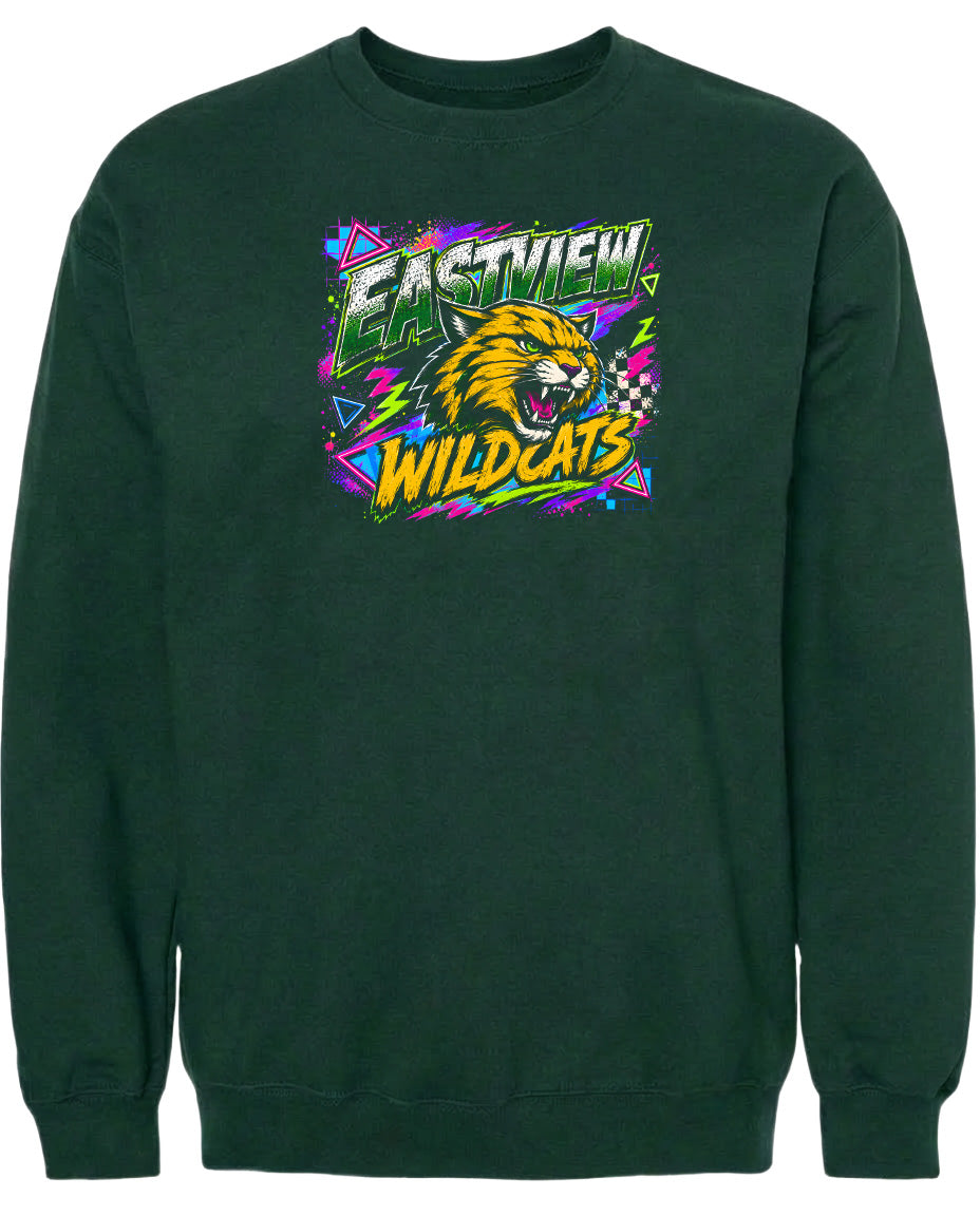 A dark green sweatshirt with a graphic design featuring a fierce-looking cat and the text "EASTVIEW WILDCATS" in a colorful, retro-style font.