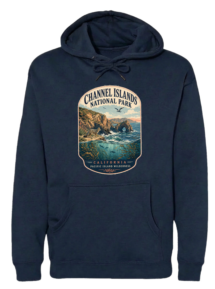 A hooded sweatshirt with a graphic design depicting a scenic landscape, including a body of water, mountains, and a bird in flight.