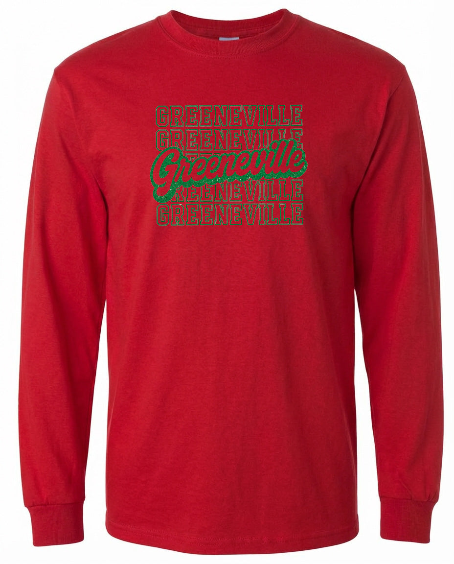 A red long-sleeved t-shirt with a graphic design featuring the text "Greenville" repeated in a stylized font.