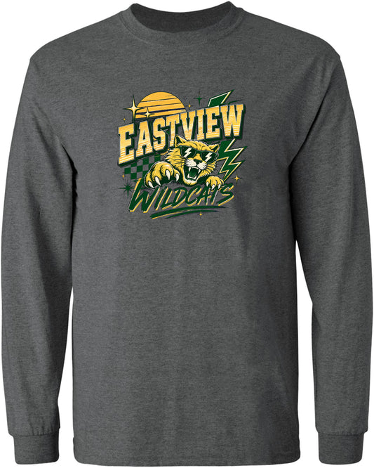 A gray long-sleeved t-shirt with a graphic design featuring a tiger and the text "EASTVIEW WILDCATS".