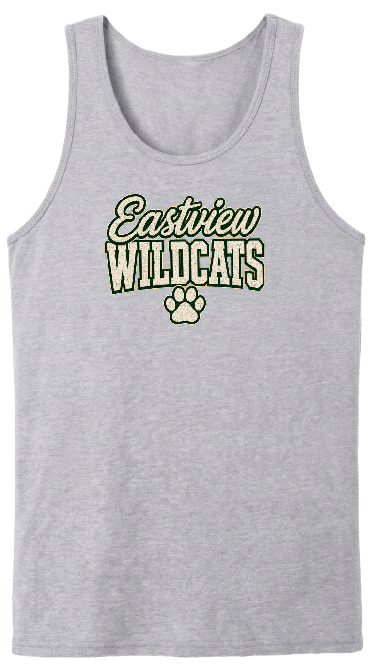 A gray tank top with the text "Eastview Wildcats" printed on it.
