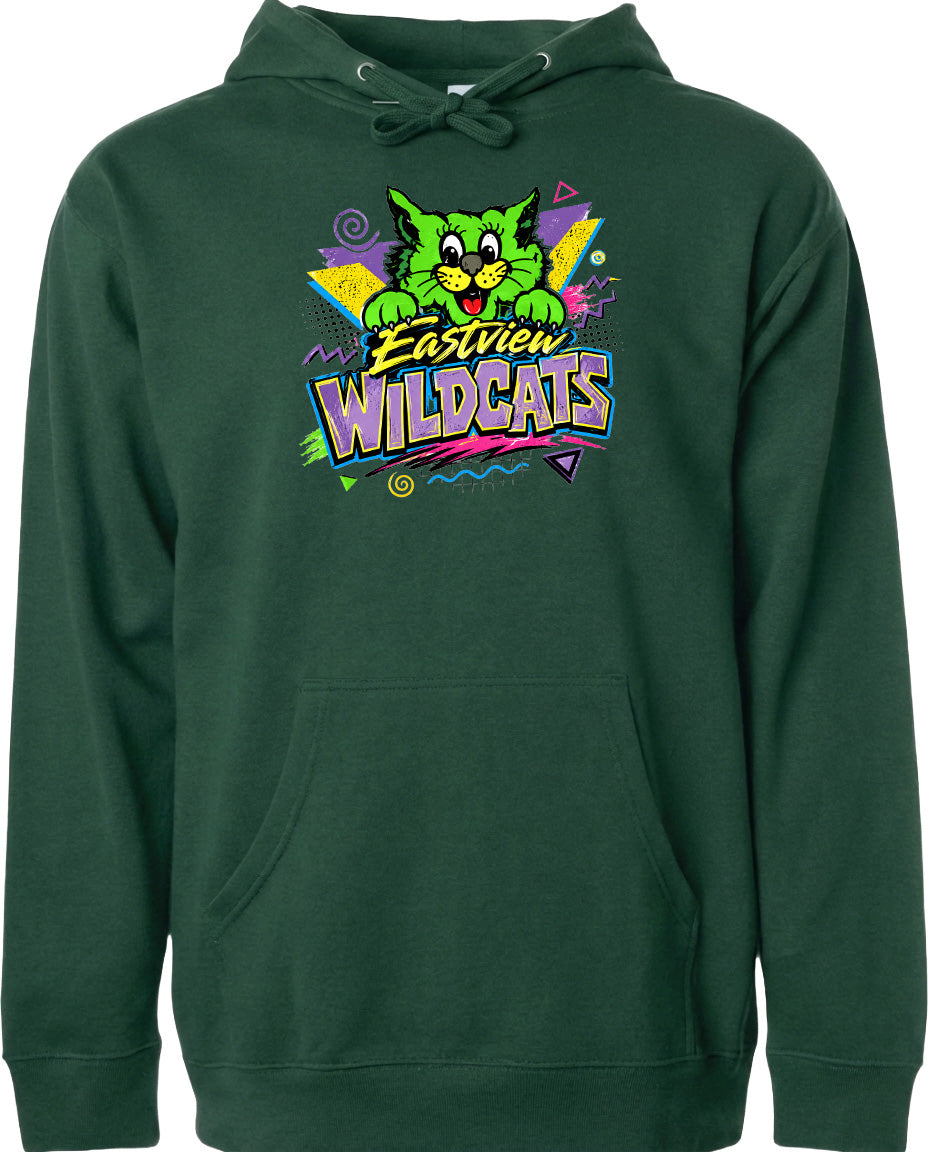 A green hoodie with a colorful graphic design featuring a cartoon cat and the text "EASTVIEW WILDCATS".