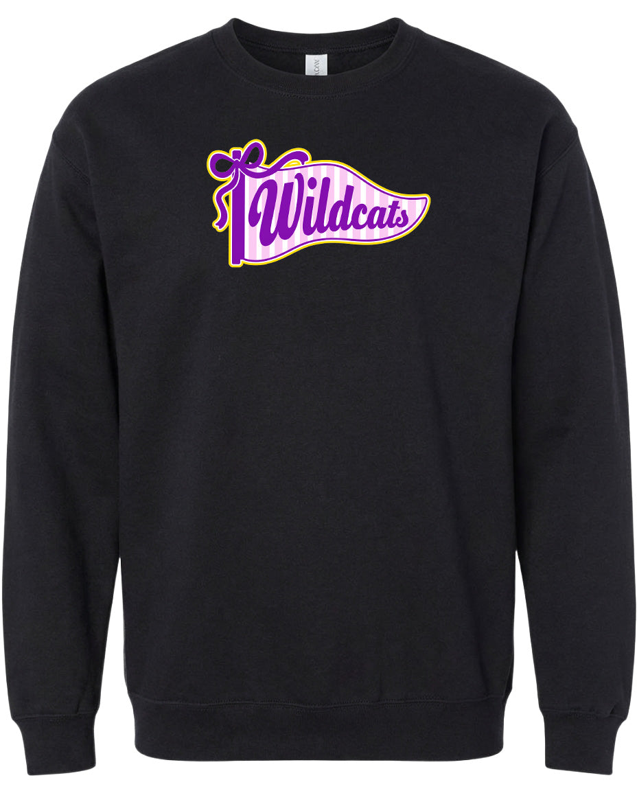 A black sweatshirt with a purple and yellow graphic on the front that says "Wildcats".
