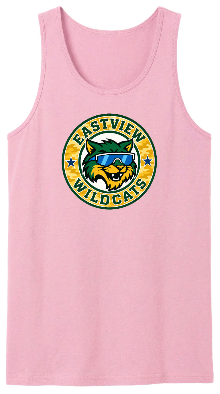 A pink tank top with a graphic design featuring a cartoon cat wearing sunglasses and the text "EASTVIEW WILDCATS" around it.