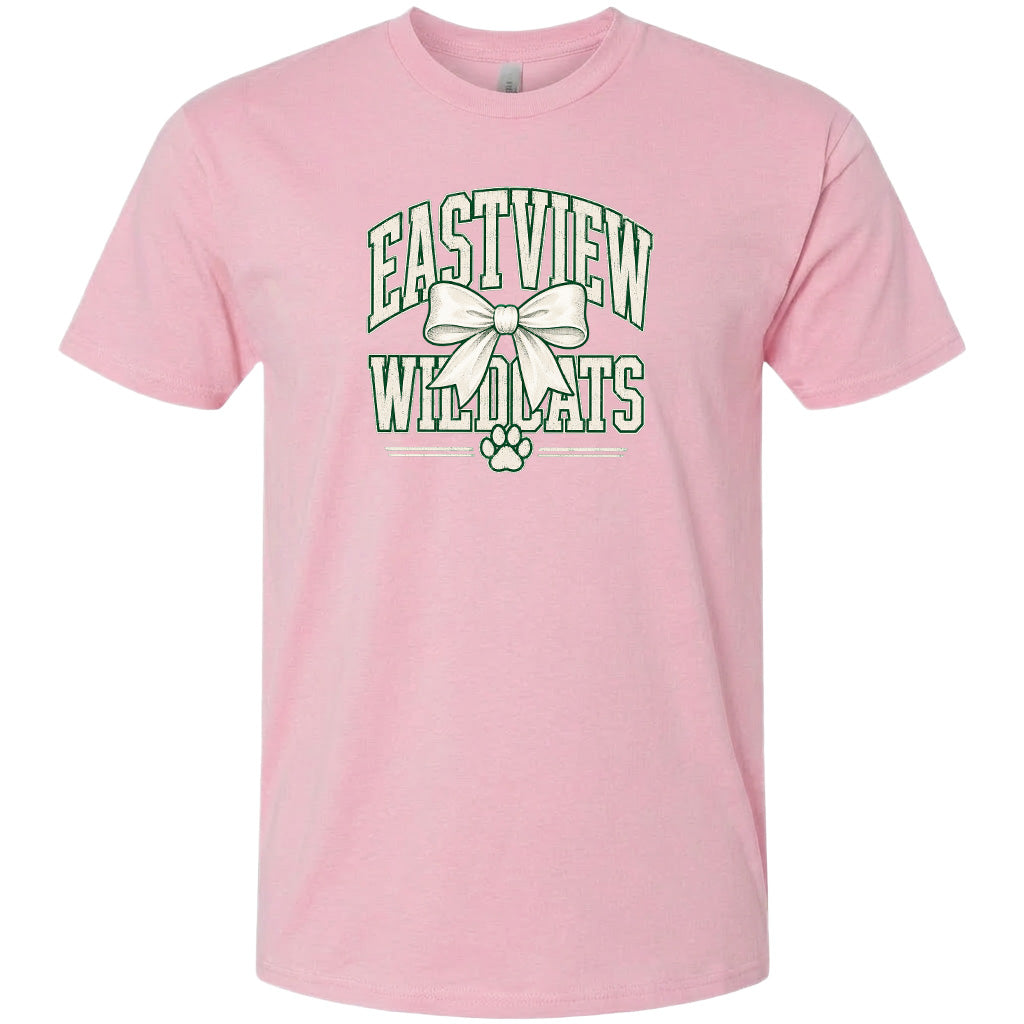 A pink t-shirt with a graphic design featuring the text "EASTVIEW WILDLIFE" and a bow.