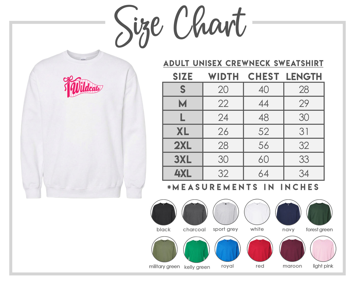 The image is a size chart for an adult unisex crewneck sweatshirt. It includes a white crewneck sweatshirt with a pink logo and a table with size measurements and corresponding colors.