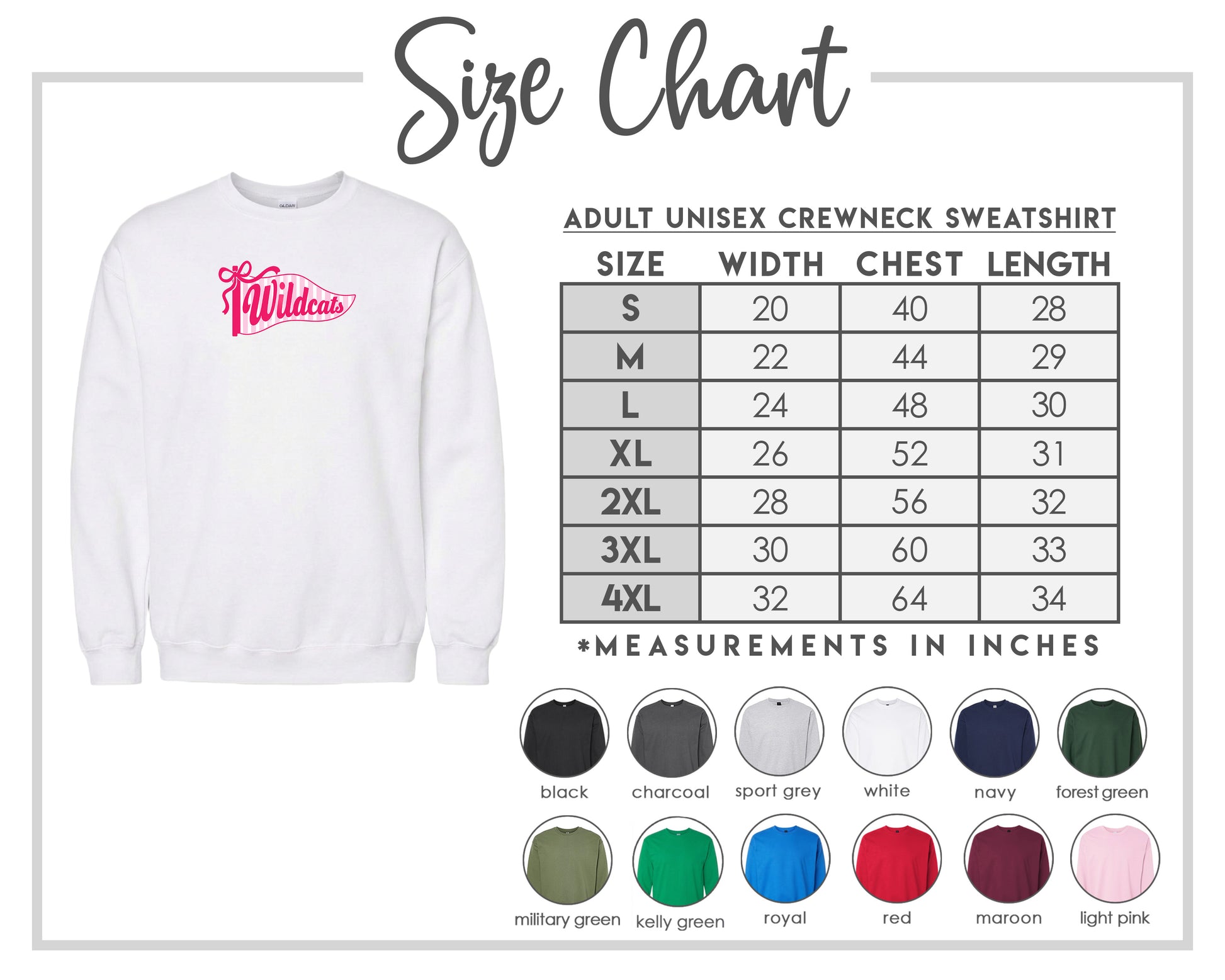 The image is a size chart for an adult unisex crewneck sweatshirt. It includes a white crewneck sweatshirt with a pink logo and a table with size measurements and corresponding colors.