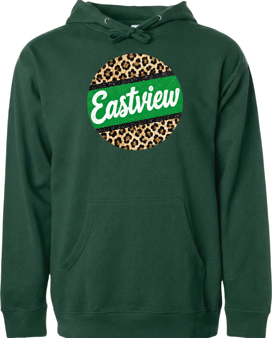 A dark green hoodie with a leopard print design and the word "Eastview" printed on it.