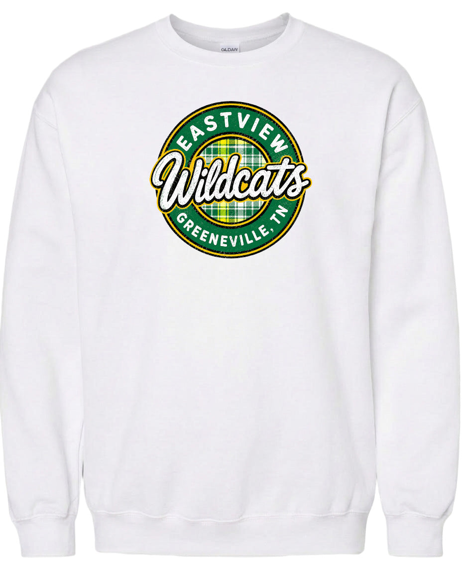 A white sweatshirt with a circular logo that says "EASTVIEW WILDCATS GREENEVILLE TENN".