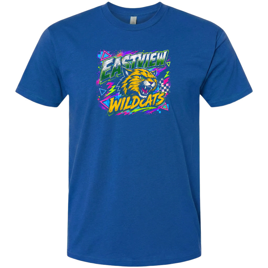 A blue t-shirt with a graphic design featuring a tiger's head and the text "EASTVIEW WILDCATS" in a colorful, retro-style font.