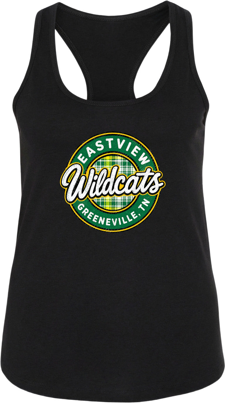 A black tank top with a graphic design featuring the text "EASTVIEW Wildcats" and "Greeneville, TN" printed on it.