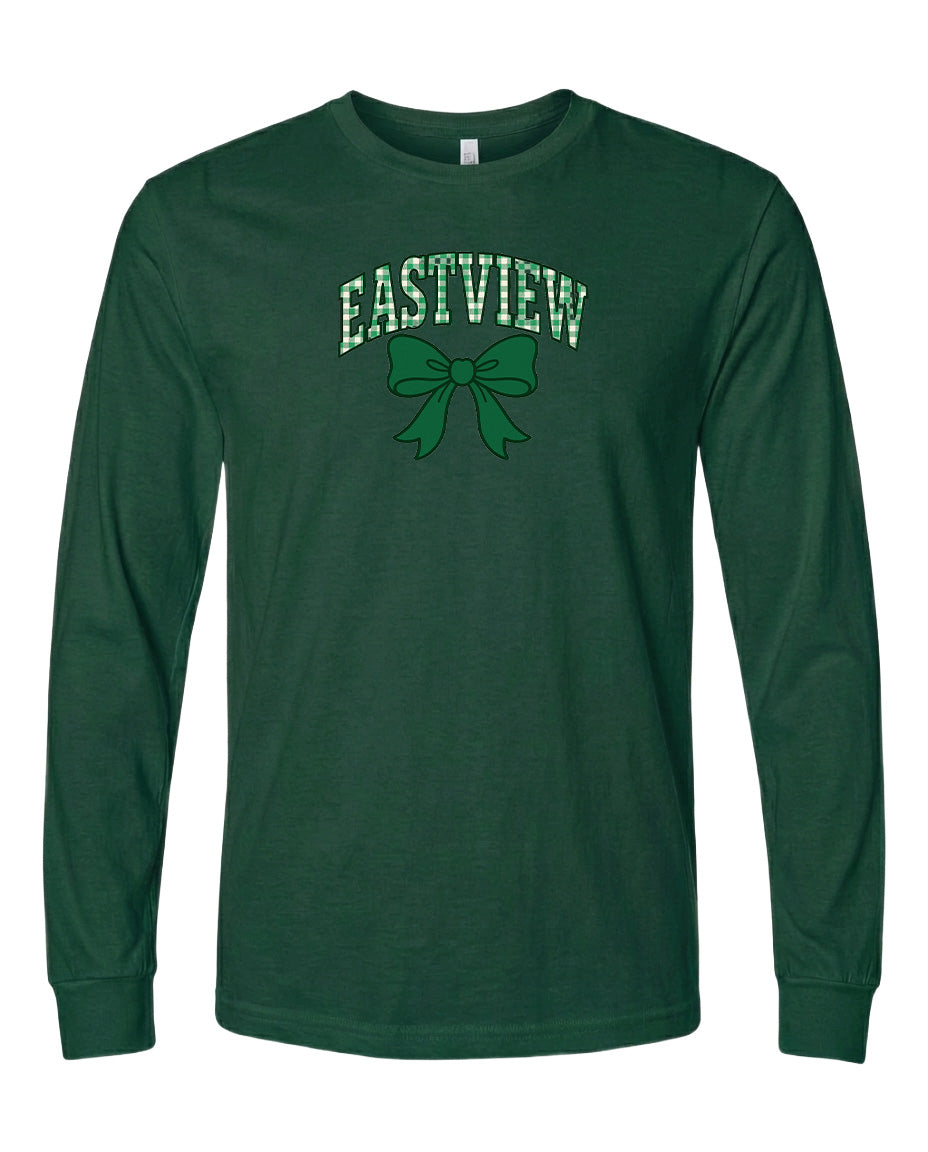 A dark green long-sleeved t-shirt with a graphic design on the front.