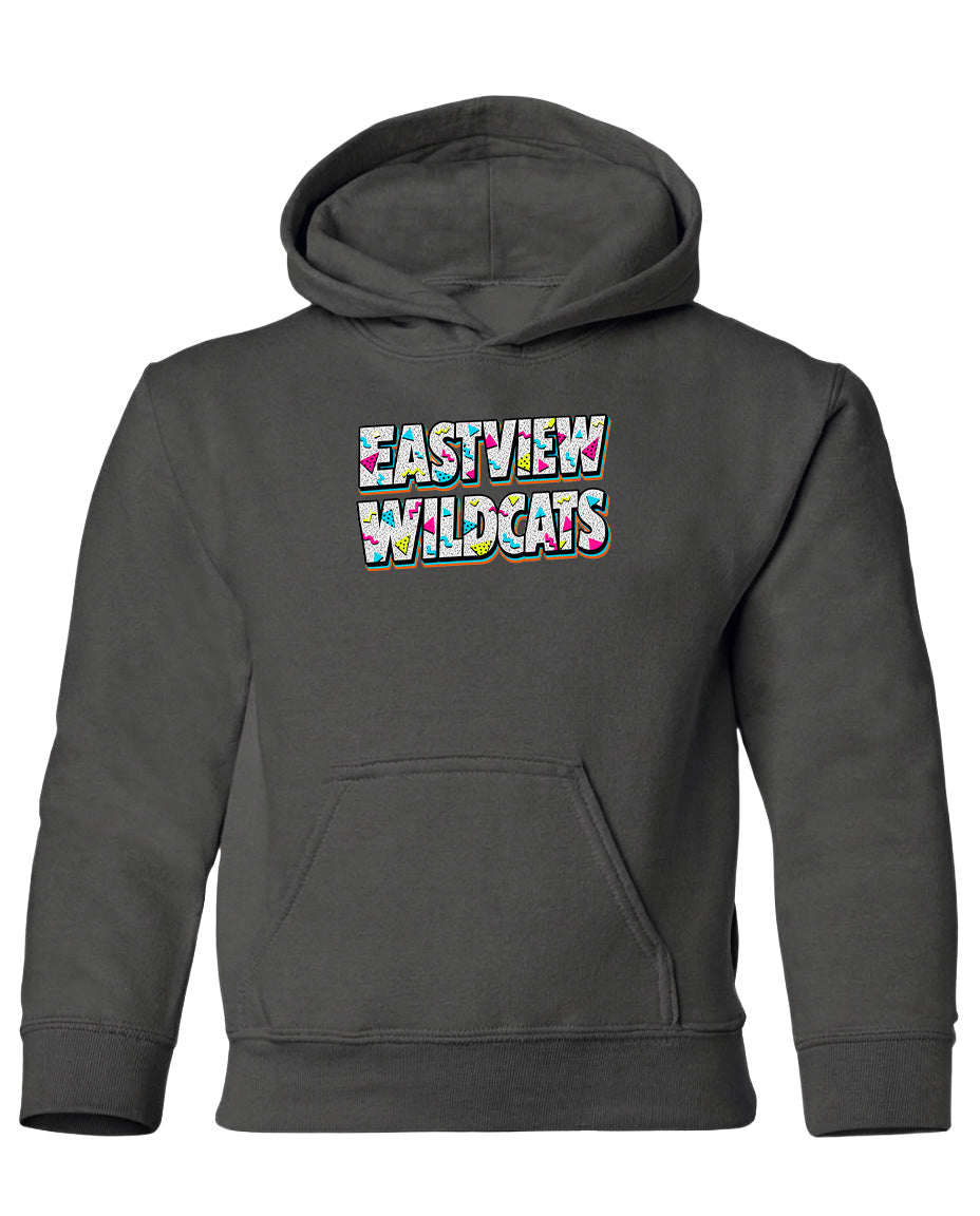 A gray hooded sweatshirt with the text "EASTVIEW WILDCATS" printed on it.