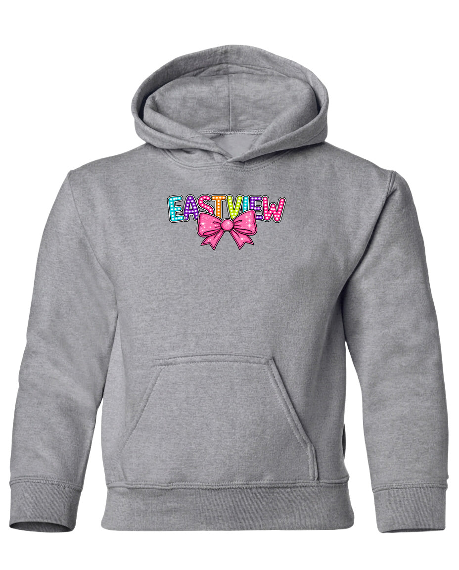 A gray hoodie with a colorful bow on the front.