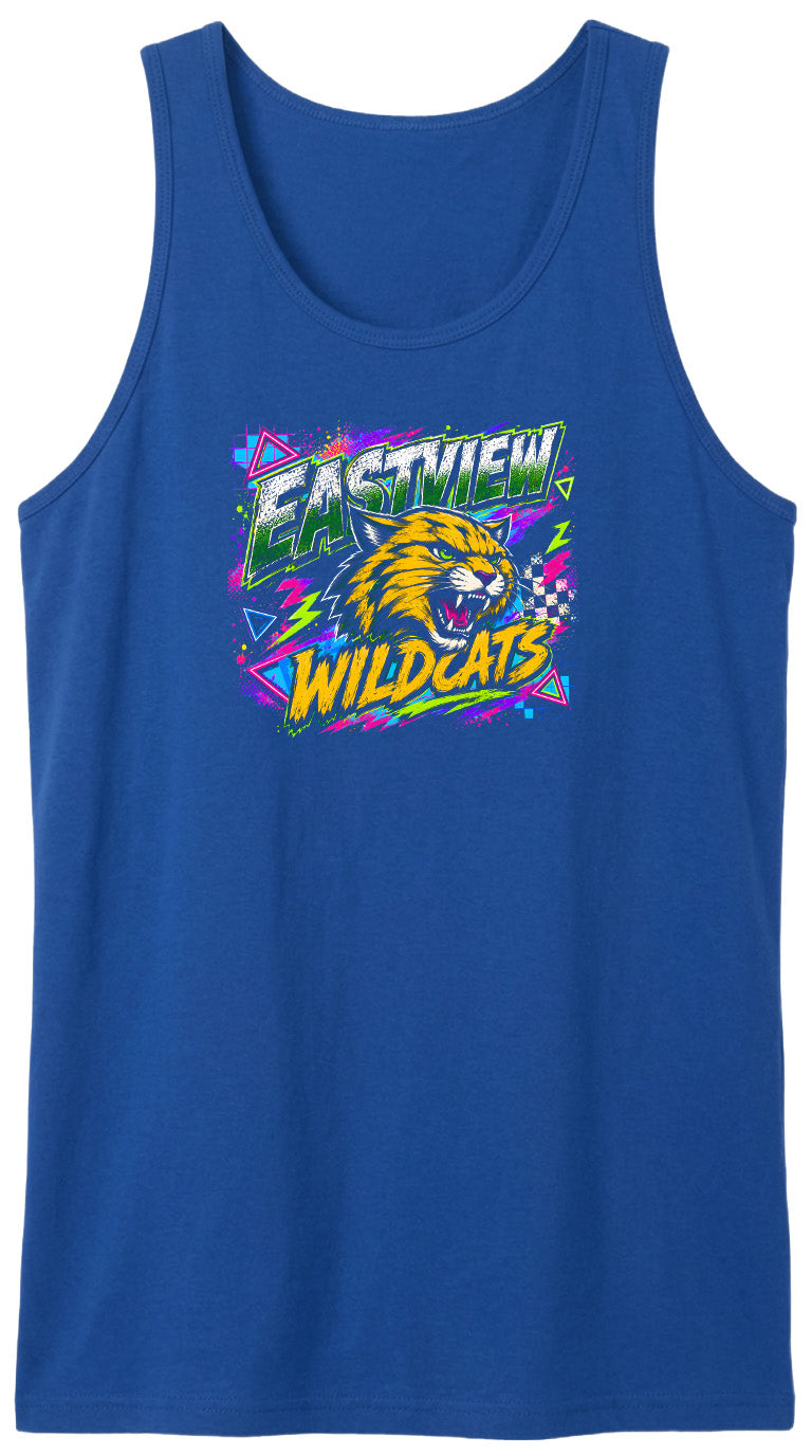 A blue tank top with a graphic design featuring a stylized tiger or wildcat with a colorful, neon-like background.