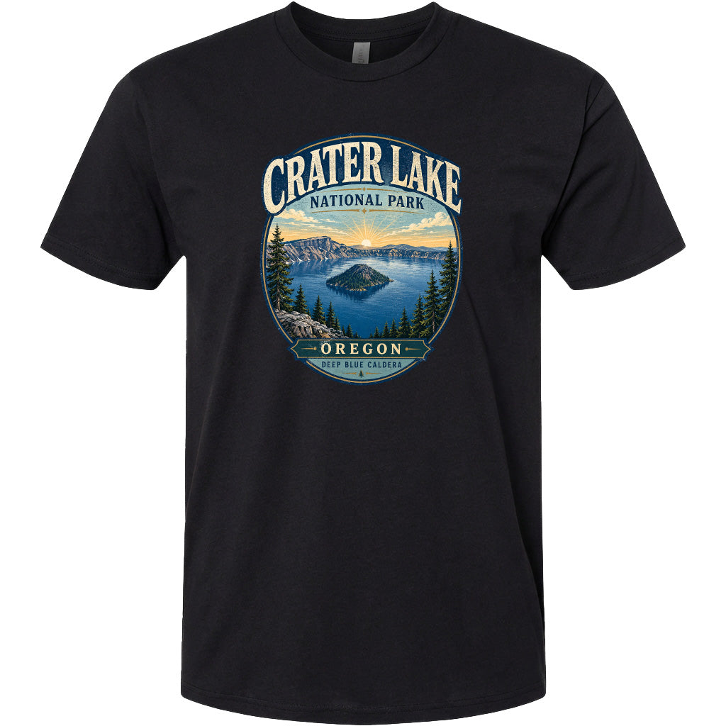 A black t-shirt with a graphic design depicting Crater Lake National Park in Oregon.