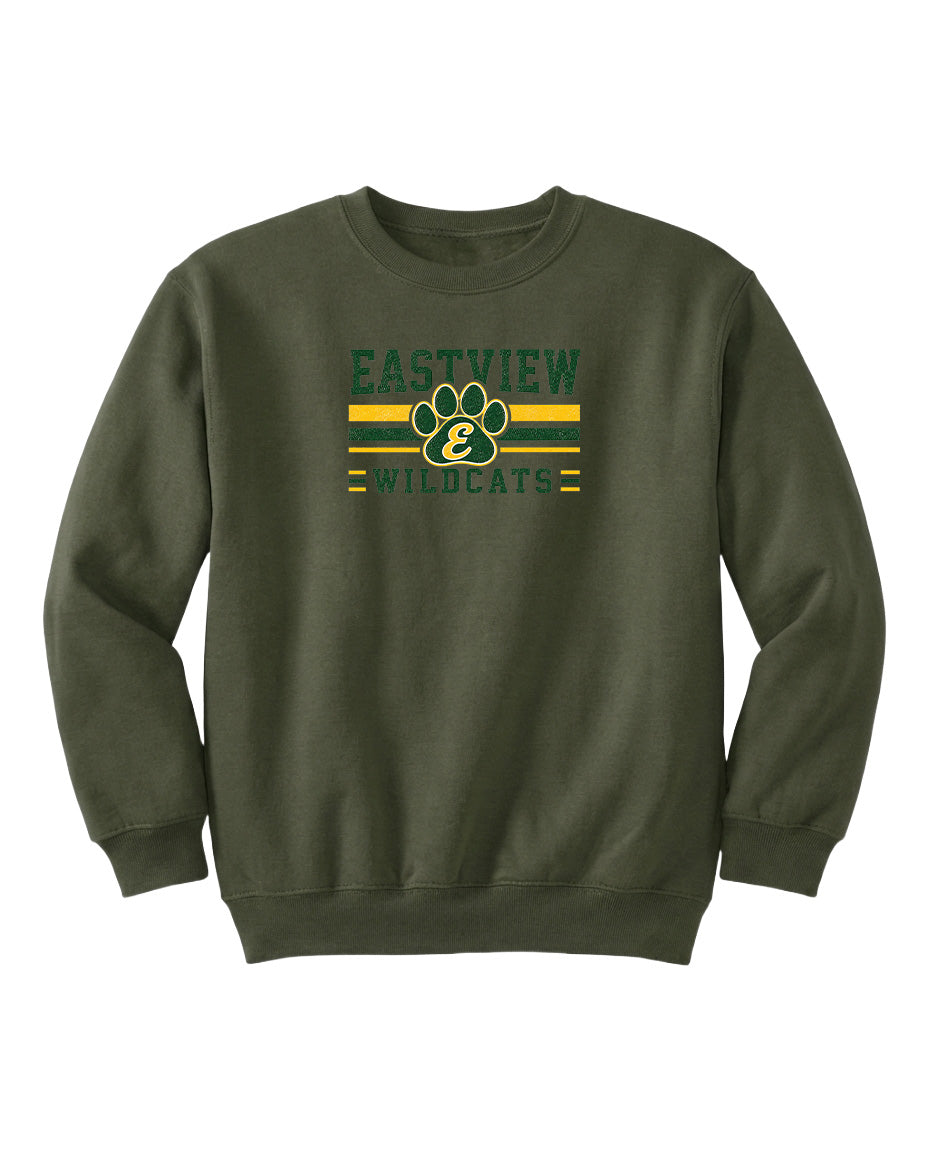 A dark green sweatshirt with a graphic design featuring a paw print and the text "EASTVIEW WILDCATS" printed on it.