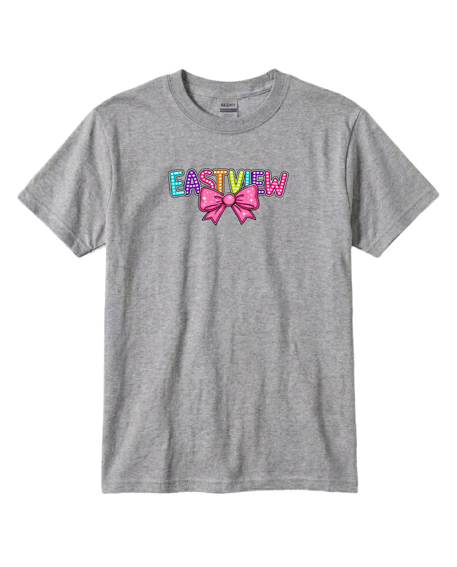 A gray t-shirt with a colorful graphic design on the front, featuring the text "EASTVIEW" with a pink bow.