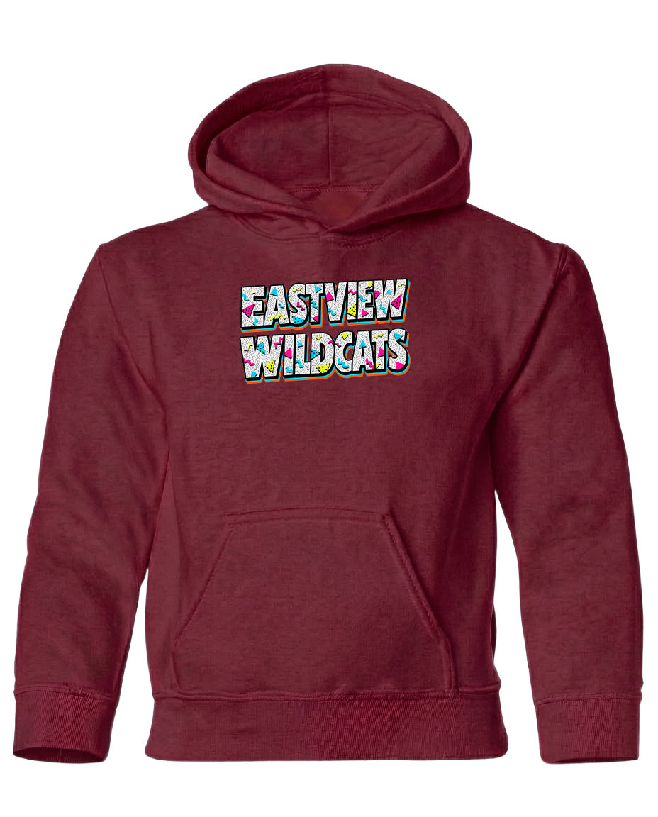 A burgundy-colored hooded sweatshirt with the text "EASTVIEW WILDCATS" printed on it.