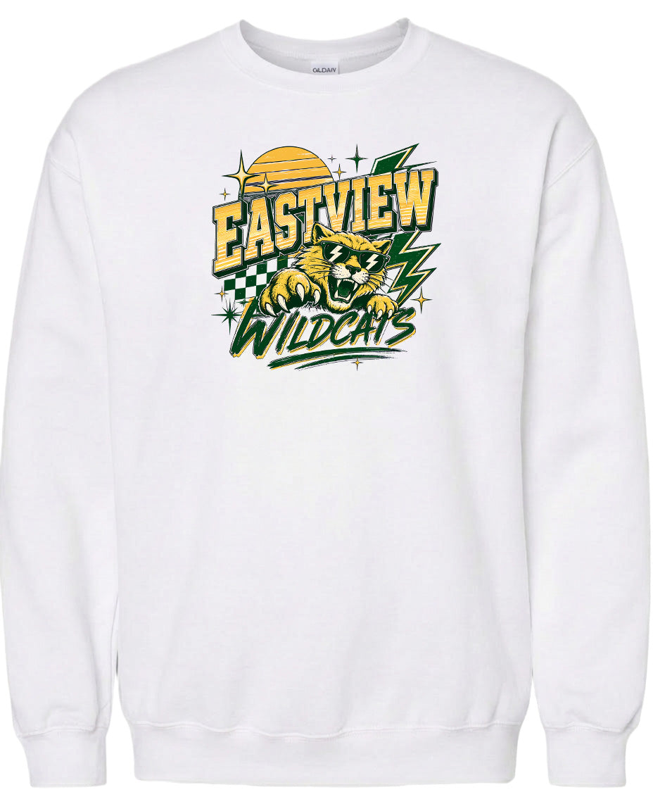 A white sweatshirt with a graphic design featuring a tiger and the text "EASTVIEW WILDCATS".