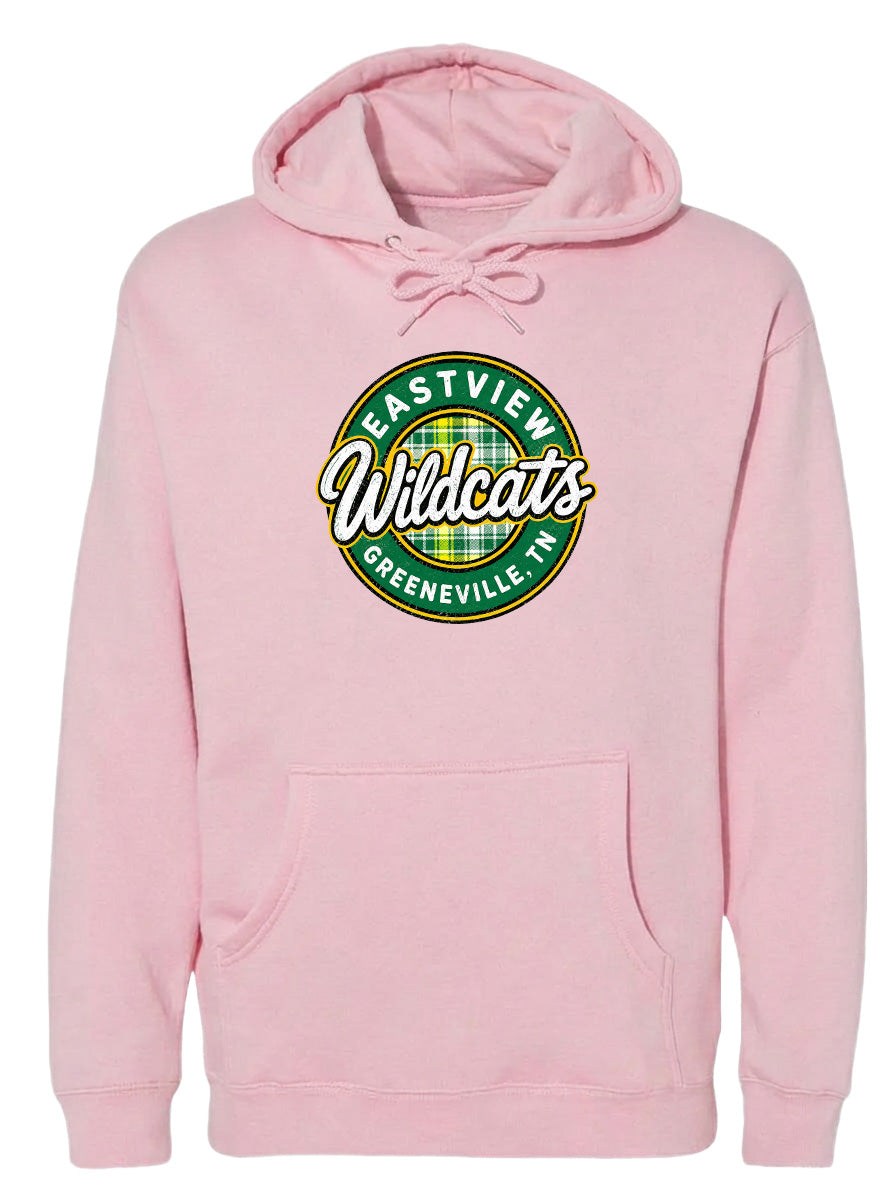 A pink hoodie with a logo that says "Eastview Wildcats Greeneville, TN".