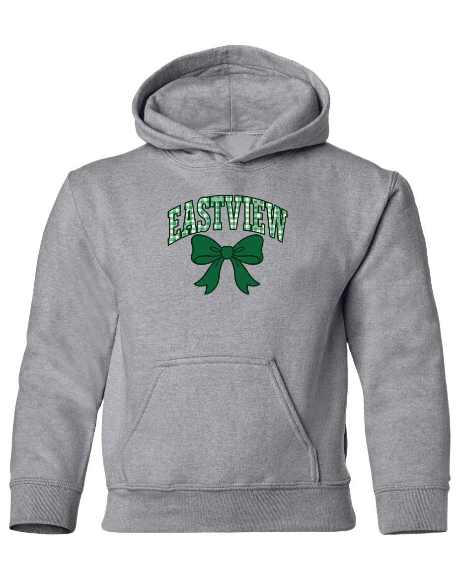A gray hoodie with a green bow and the text "EASTVIEW" printed on it.