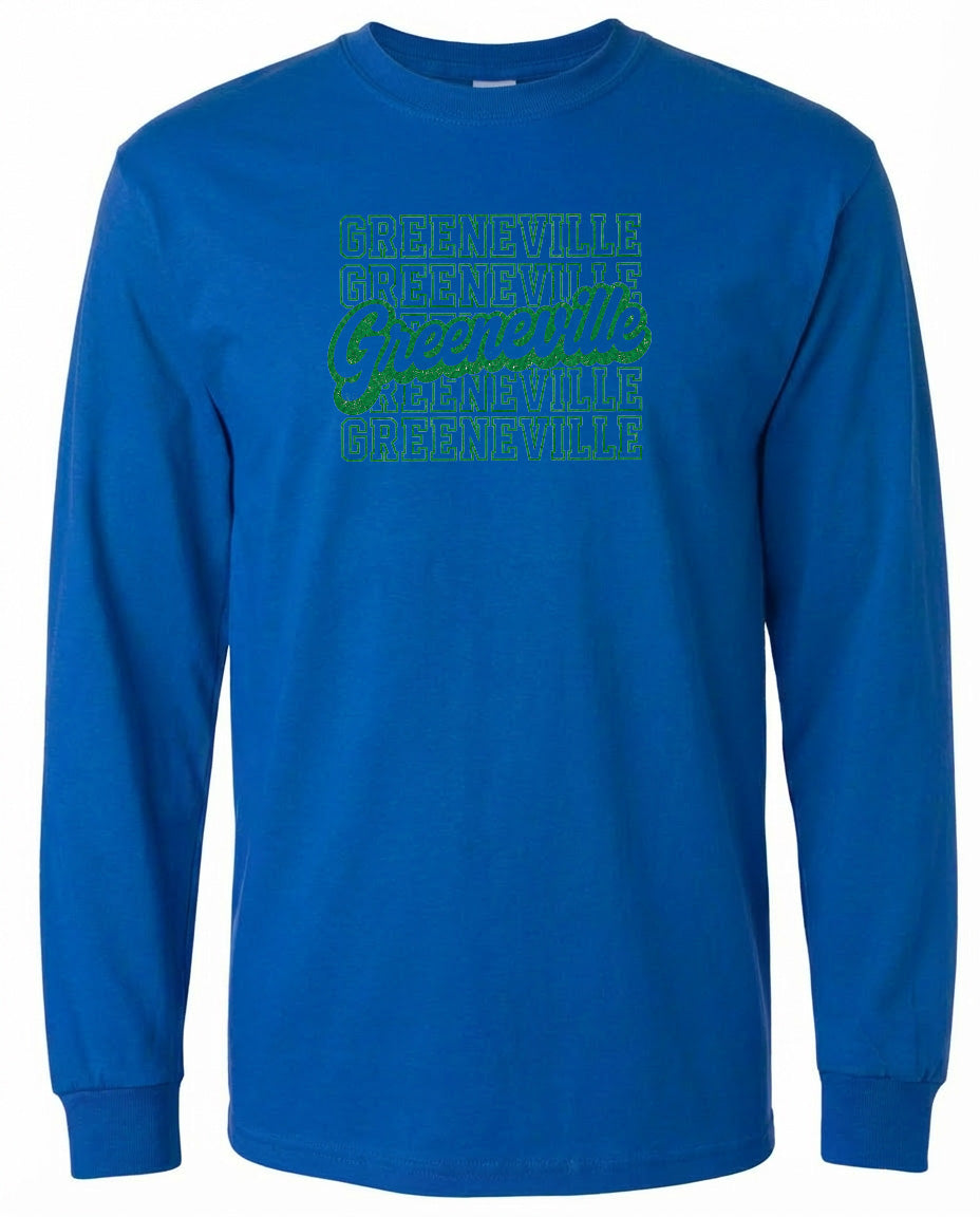 A blue long-sleeved t-shirt with a graphic design on the front.