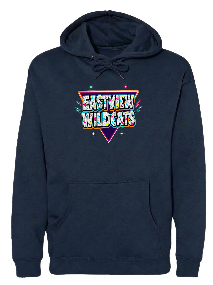 A navy blue hoodie with a graphic design featuring the text "EASTVIEW WILDCATS" in a retro style.