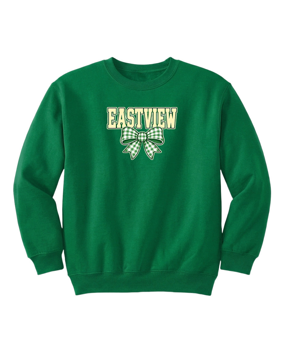 A green sweatshirt with the word "EASTVIEW" printed on it, along with a bow design.