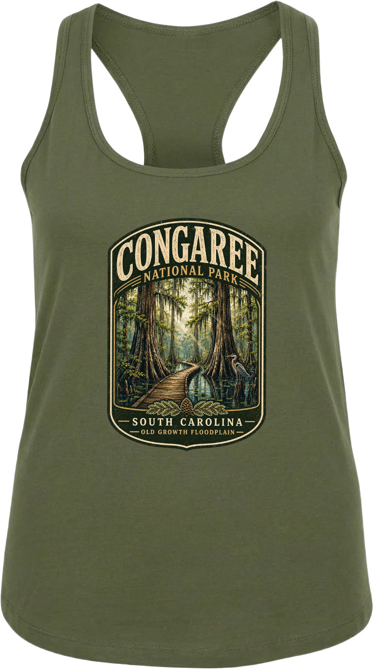 A green tank top with a graphic design depicting a forest scene, specifically the Congaree National Park in South Carolina.