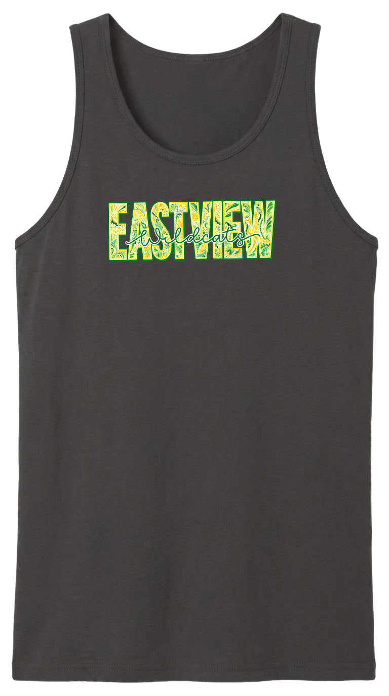 A black tank top with the word "EASTVIEW" printed in green and yellow text across the front.