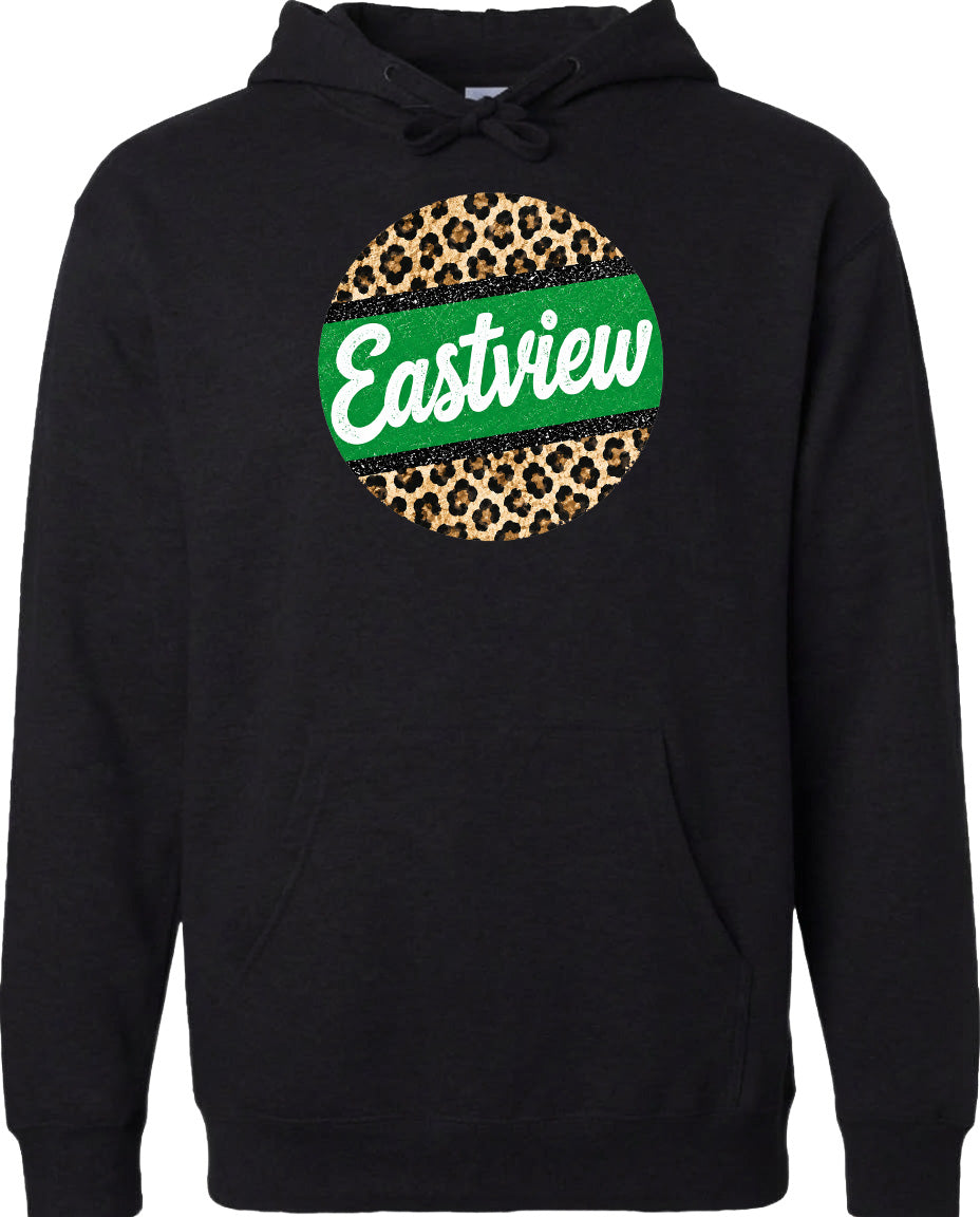A black hoodie with a leopard print design and the word "Eastview" printed on it.