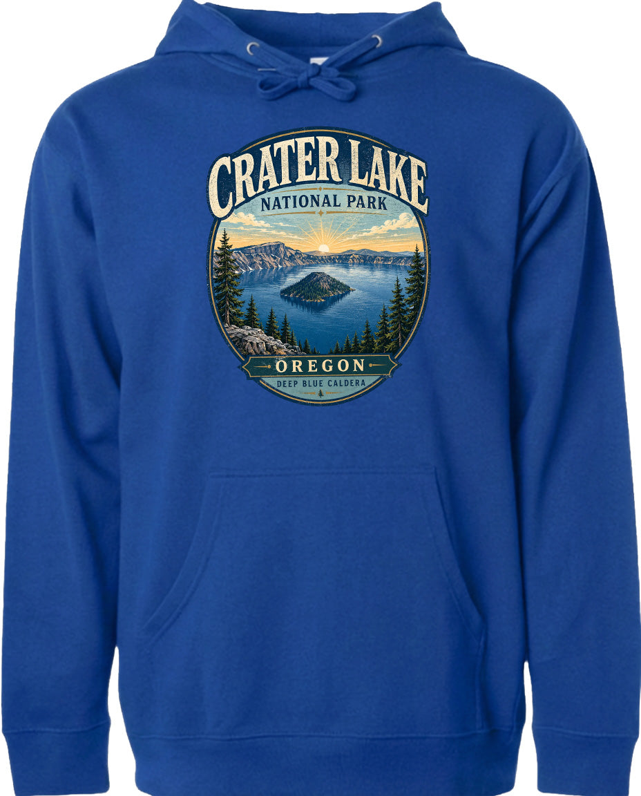 A blue hoodie with a graphic design depicting Crater Lake National Park in Oregon.