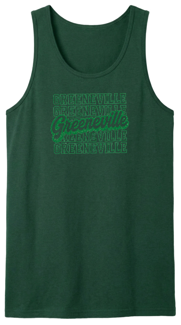A dark green tank top with the text "Greenville" printed in a stylized font across the front.