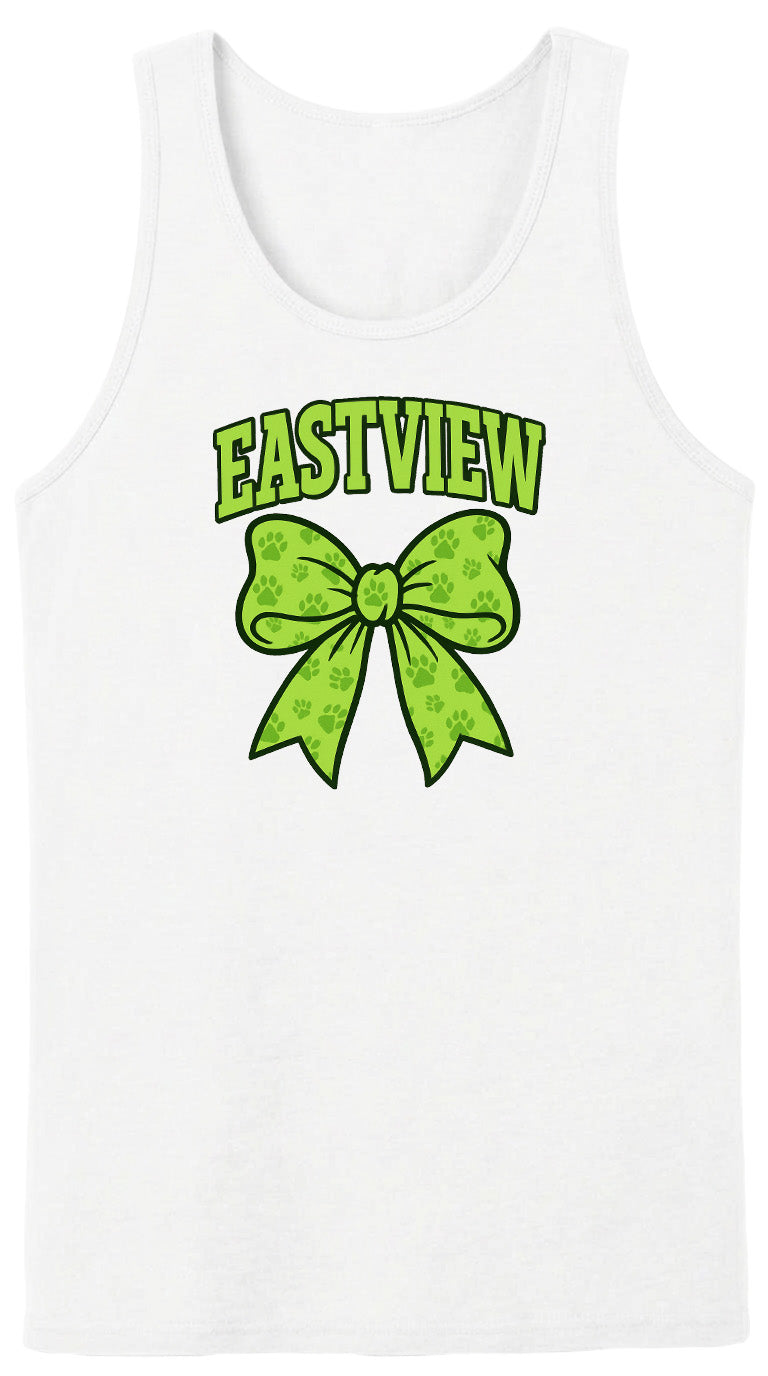 A white tank top with a green bow and the text "EASTVIEW" printed on it.