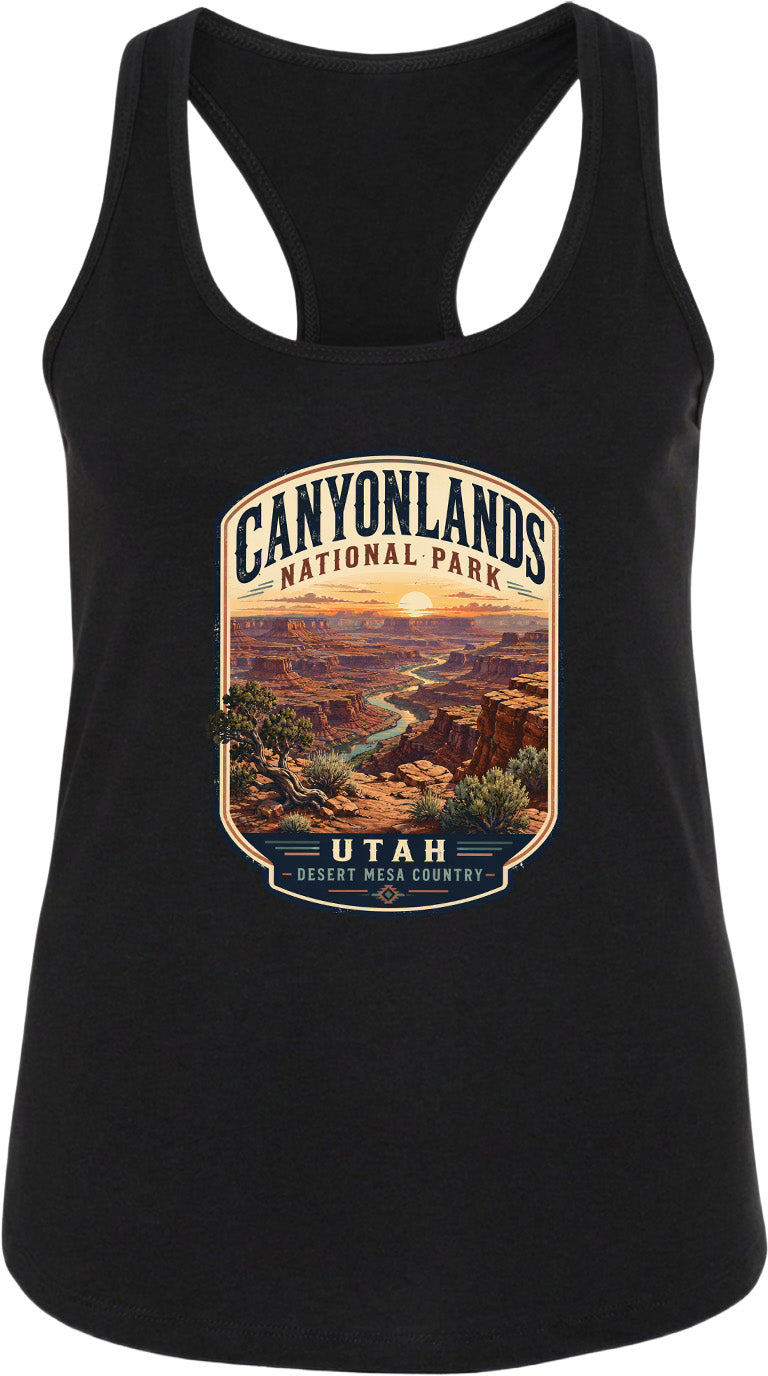a black tank top with a graphic design depicting the scenic landscape of Canyonlands National Park in Utah.