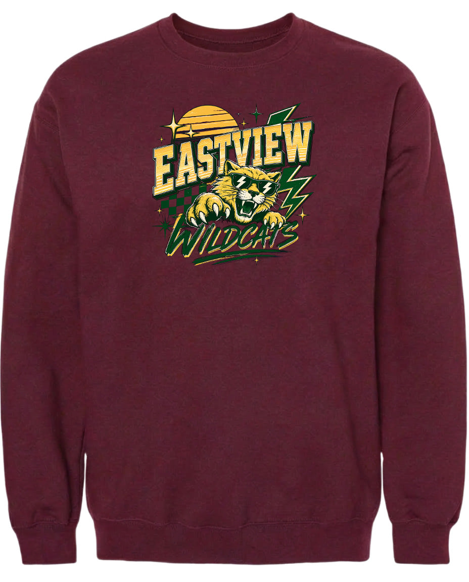 A burgundy sweatshirt with a graphic design featuring a tiger and the text "EASTVIEW WILDCATS" printed on it.