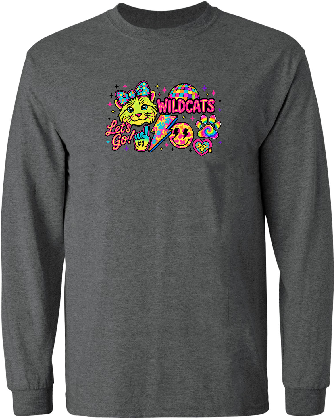 A gray long-sleeved shirt with a colorful graphic design featuring a cartoon cat, a lightning bolt, and various other elements.