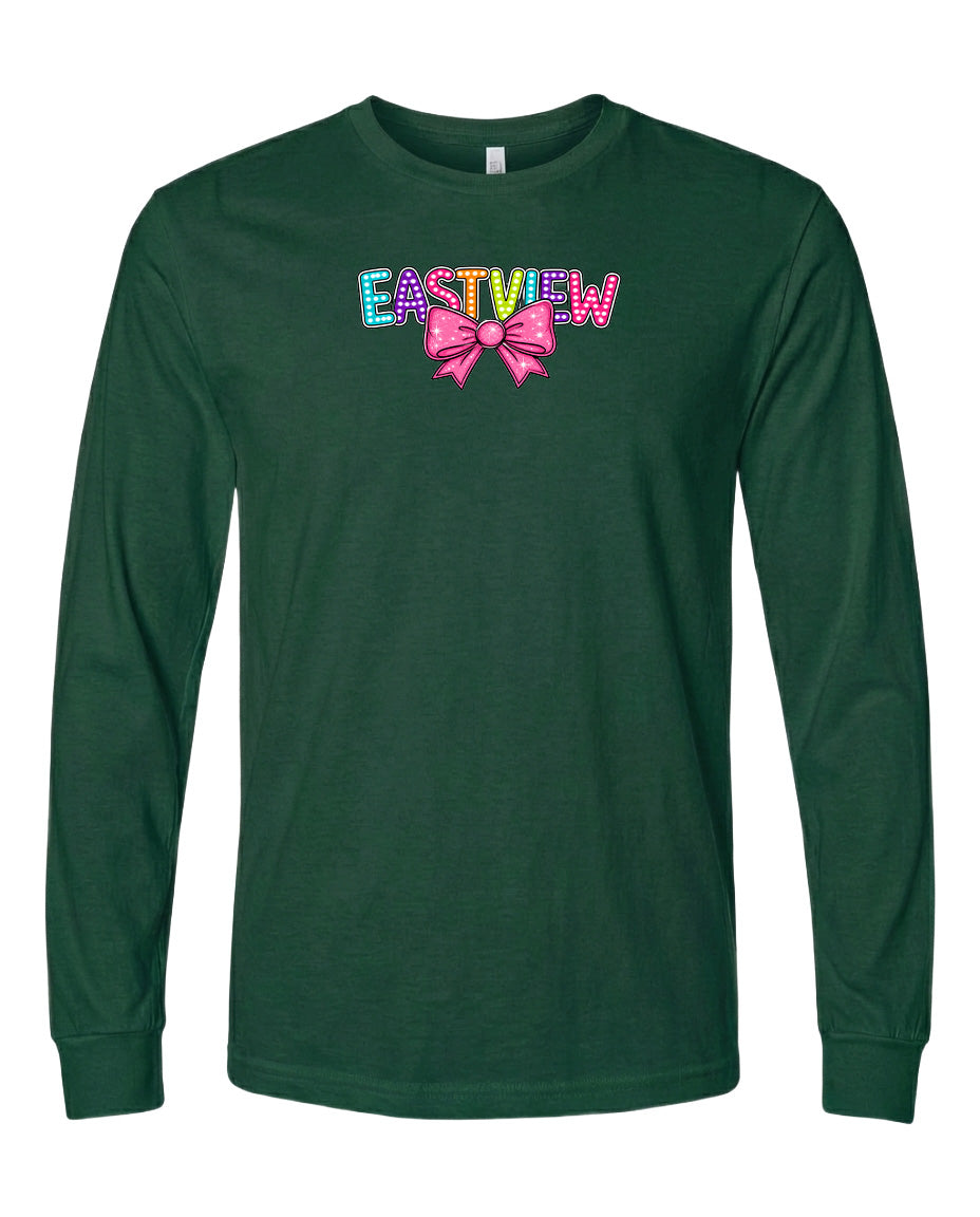 A long-sleeved green t-shirt with the word "EASTVIEW" printed on it in a colorful, stylized font.