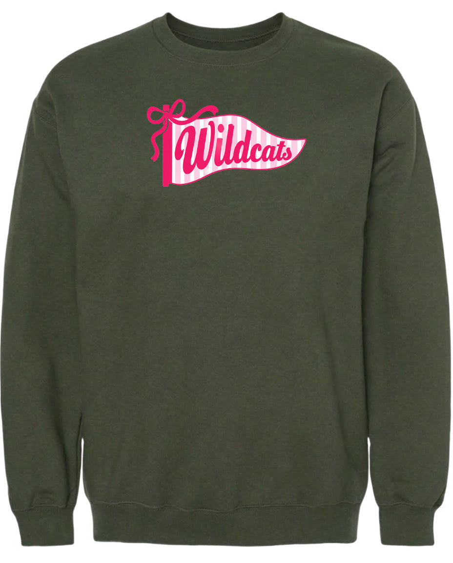A dark green sweatshirt with a pink and white banner design that says "Wildcats".