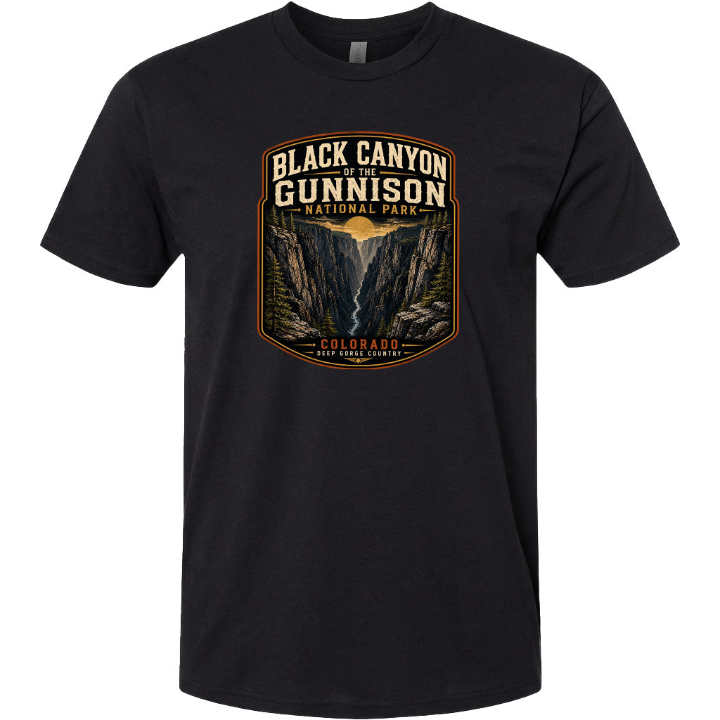 A black t-shirt with a graphic design depicting the Black Canyon of the Gunnison National Park in Colorado.