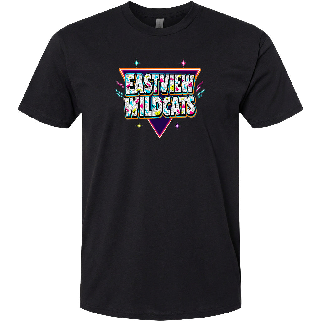 A black t-shirt with a colorful graphic design featuring the text "EASTVIEW WILDCATS" in a retro style.