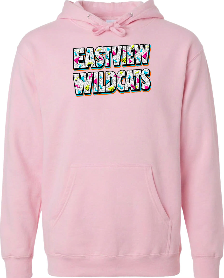 A pink hoodie with the text "EASTVIEW WILDCATS" printed on it.