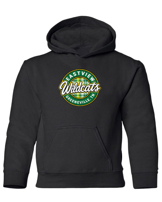 A black hooded sweatshirt with a logo on the front.