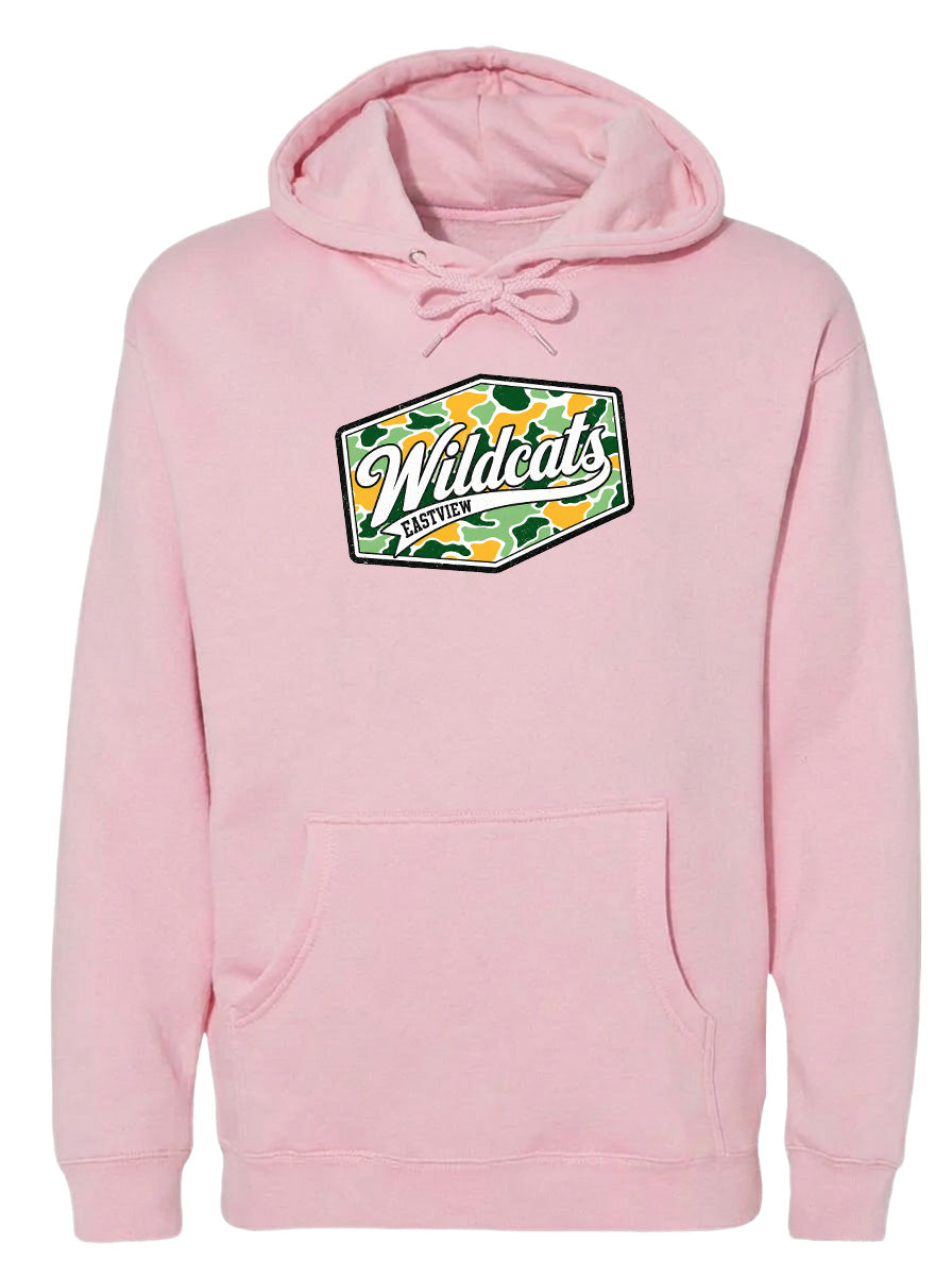 A pink hoodie with a graphic design on the front.