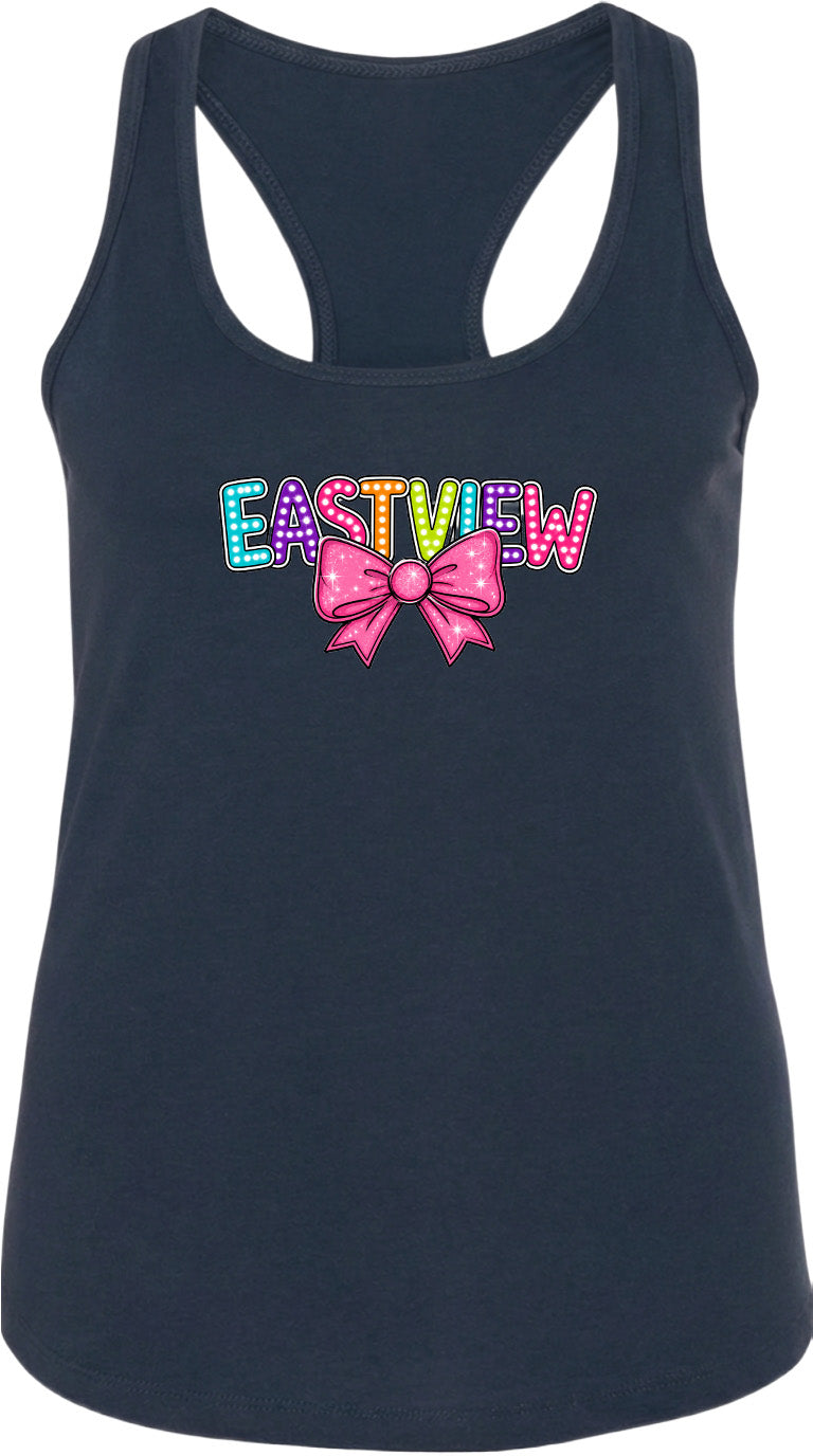 A black tank top with a colorful bow and the word "EASTVIEW" printed on it.